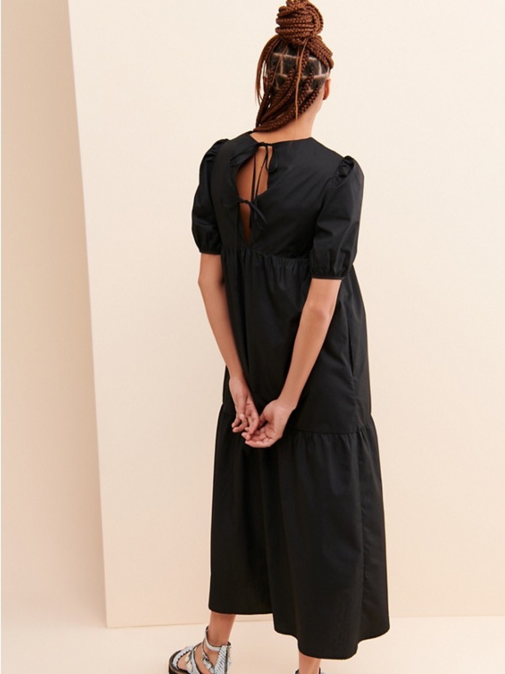 En Saison Poplin Midi Dress Black Puff Sleeve Size Medium - Picture 4 of 15